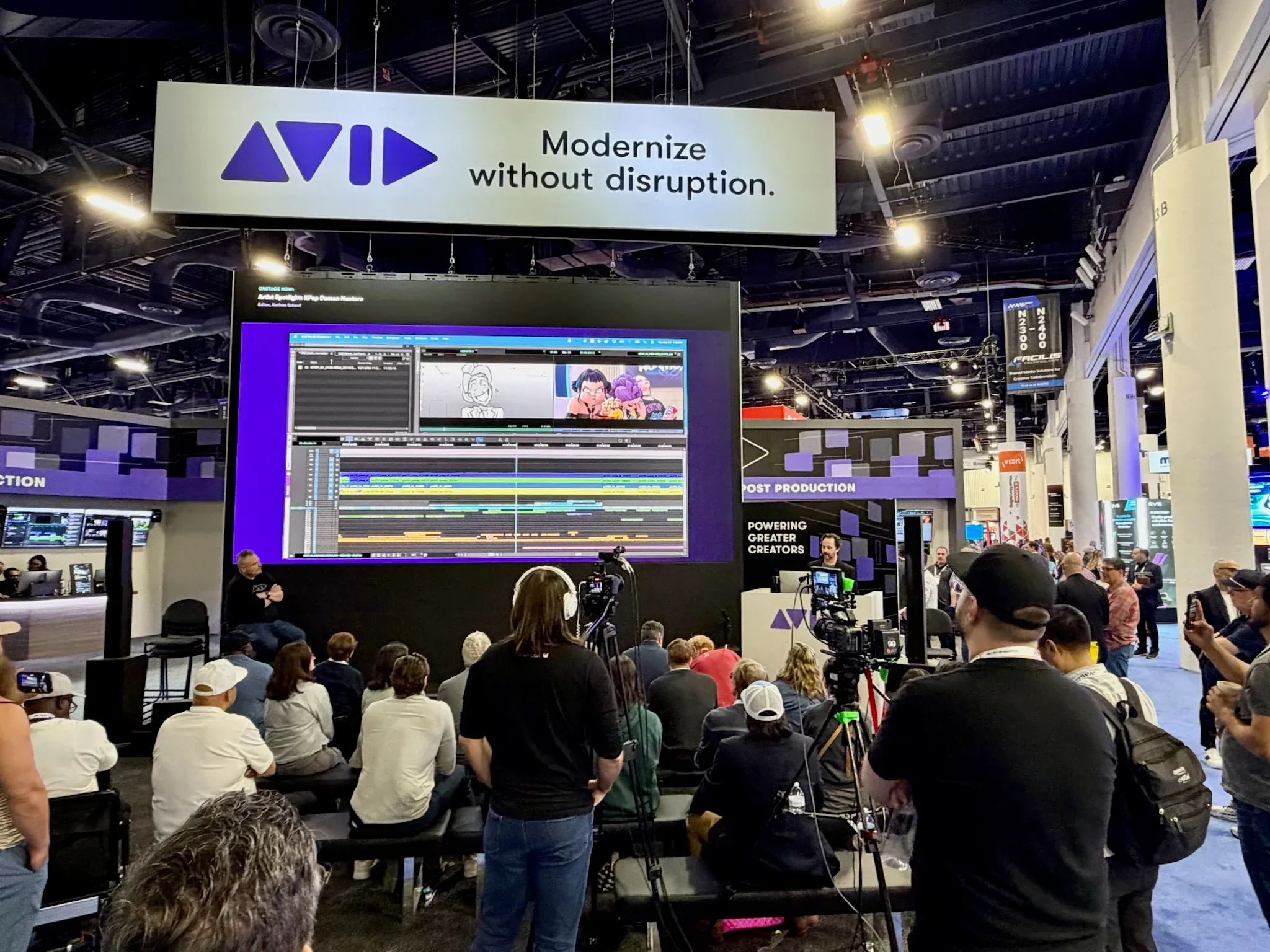 Audience watching a product presentation at the Avid stand at NAB Show Las Vegas 2026